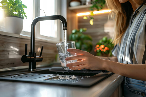 A woman fills a glass with water from a modern kitchen faucet, featuring advanced reverse osmosis, as sunlight streams through a window and green plants flourish in the background.
