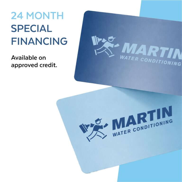 Two blue cards with the Martin Water Conditioning logo and running figure. Text reads, 24 month special financing for water treatment. Available on approved credit. Cards are angled on a light blue background.