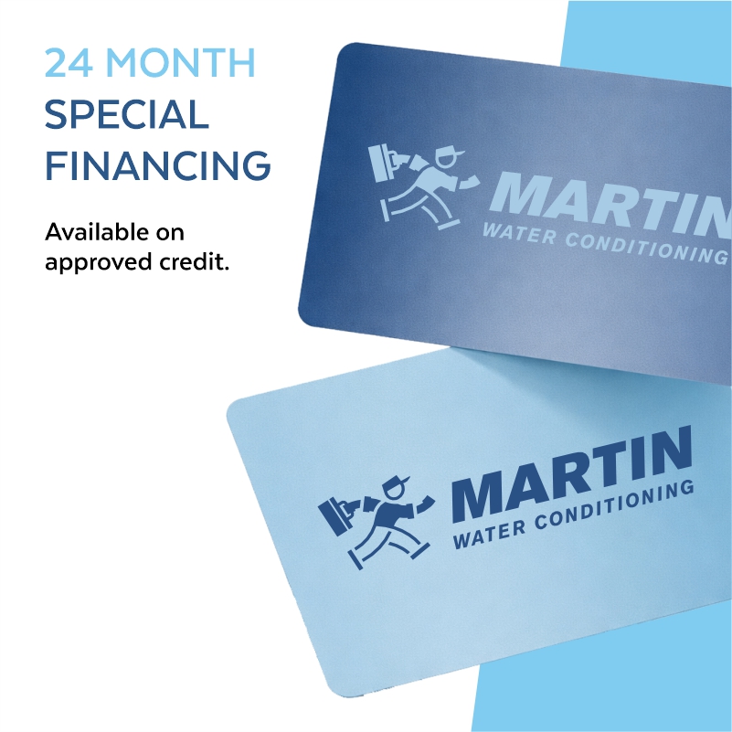 Two blue cards with the Martin Water Conditioning logo and running figure. Text reads, 24 month special financing for water treatment. Available on approved credit. Cards are angled on a light blue background.