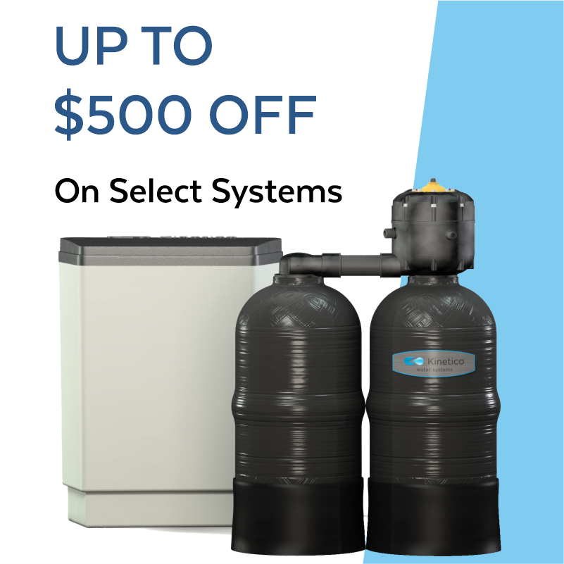 A promotional image showing two black water filtration tanks and a white unit with text that reads, Up to $500 Off on Select Water Softeners and Reverse Osmosis Systems.
