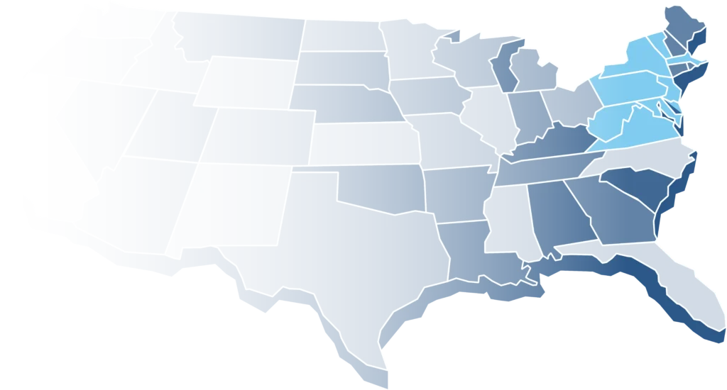 Map of the United States with Pennsylvania, New Jersey, and Delaware highlighted in light blue, while the rest of the states are shaded in dark blue.