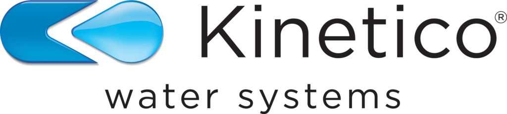 Kinetico logo featuring a blue abstract water drop shape on the left, with the words Kinetico water systems—leaders in water softeners and conditioning—in black text to the right.