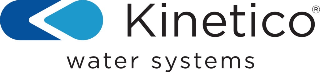 Kinetico logo featuring a blue abstract water drop shape on the left, with the words Kinetico water systems—leaders in water softeners and conditioning—in black text to the right.