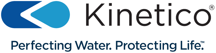 Kinetico logo featuring a blue abstract water drop shape on the left, with the words Kinetico water systems—leaders in water softeners and conditioning—in black text to the right.