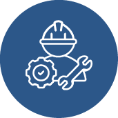 White line drawing of a construction worker wearing a hard hat, holding a wrench, and a gear with a check mark inside, all on a blue circular background.