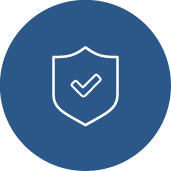 A white shield with a check mark inside is centered on a blue circular background, symbolizing security or protection.