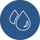 White outline of two water droplets on a solid blue circular background.