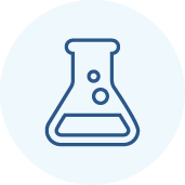 A simple blue outline of a laboratory flask with two bubbles inside, centered on a light blue circular background.
