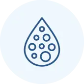 A blue outline of a water droplet with various sized circles inside, set against a light blue circular background.