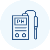 Icon of a digital pH meter with a display showing PH and an attached probe, depicted in blue lines on a light blue circular background.