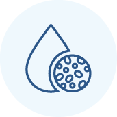 Blue outline of a water droplet with a circular object containing small oval shapes, set against a light blue circular background.