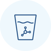 Blue line drawing of a glass of water with a molecular structure symbol inside, set against a light blue circular background.