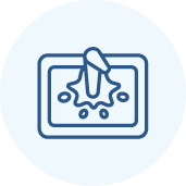 A blue outline icon of a hand wiping a surface with liquid or droplets on it, inside a light blue circular background.