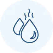Icon of two water drops outlined in blue, with steam lines rising from one, suggesting hot water or steam. The image is set against a light blue circular background.
