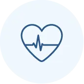 A blue outline of a heart with a heartbeat line running through the center, set against a light blue circular background.