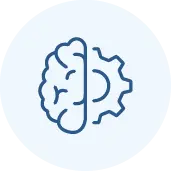A simple blue icon showing half a brain on the left and half a gear on the right, symbolizing the combination of human intelligence and technology.