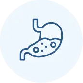 Blue line drawing of a human stomach, partially filled with liquid and bubbles, shown on a light blue circular background with a pixelated border.