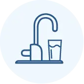 Line drawing of a water faucet and a glass filled with water, set against a light blue circular background.