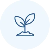 Simple blue line drawing of a small plant with two leaves growing out of a mound of soil, centered on a light blue circular background.