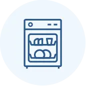 Blue line drawing of a dishwasher filled with dishware, including plates and cups, set inside a light blue circle with a pixelated edge.