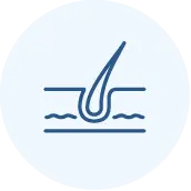 Simple blue line drawing of a hair follicle embedded in skin, shown on a light blue circular background.