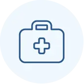 A simple blue outline of a first aid kit with a handle and a cross symbol in the center, set against a light circular background.