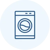 Simple blue line drawing of a front-loading washing machine centered on a light blue circular background.