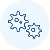 Blue outline of two stylized gears or cogs with irregular, spiked edges on a light blue circular background.