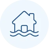 Simple blue outline of a house with wavy lines at the base, representing the concept of flooding or a house affected by water.
