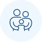 Simple blue line drawing of two larger figures with a smaller figure between them, representing a family or parents with a child, on a light circular background.