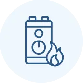Blue line drawing of a water heater with a temperature dial, shown with a flame icon in front, on a light circular background.