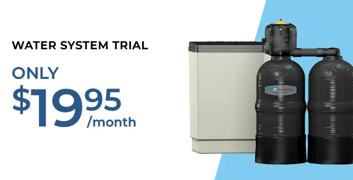 Water system trial advertisement showing a water filtration unit and tanks, with text: Water System Trial, Only $19.95/month on a white and blue background.