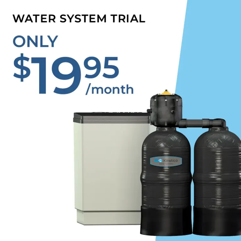 A water filtration system with text that reads Water System Trial. Only $19.95/month on a white and blue background.