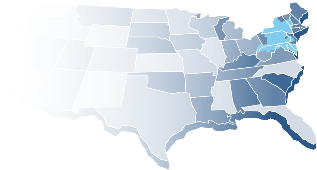 Map of the United States with parts of Pennsylvania, New Jersey, and Delaware highlighted in light blue, while the rest of the states are shaded in hues of dark blue.