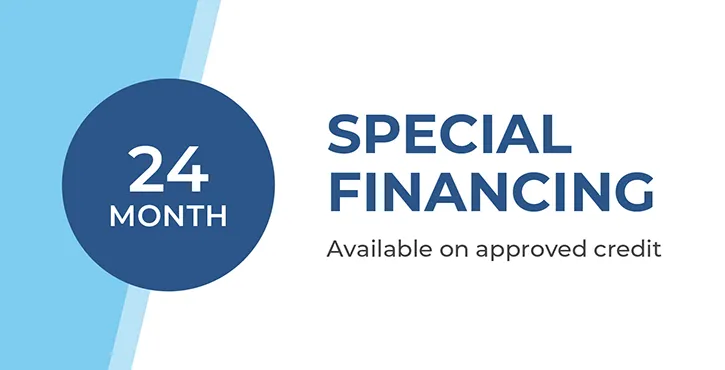 A blue circle with 24 month and text beside it reads, Special financing available on approved credit, on a white and blue background.