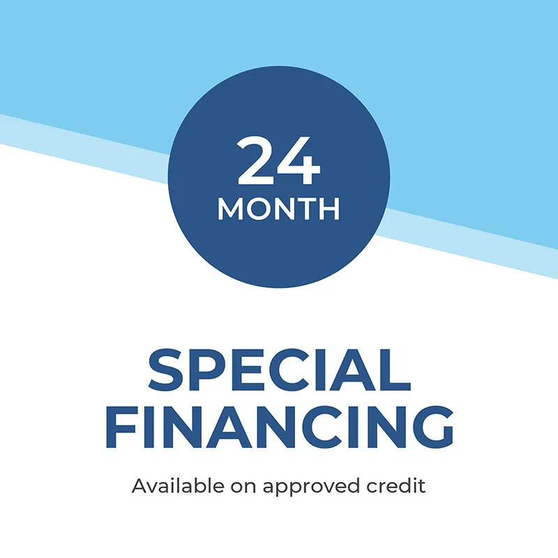 Blue and white graphic with text: 24 Month Special Financing. Available on approved credit..