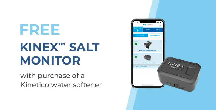 Image showing an offer: Free Kinex Salt Monitor with purchase of a Kinetico water softener. A phone displays the Kinex app; the Kinex Salt Monitor device is placed nearby on a blue and white background.