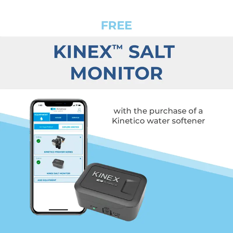 Image showing an offer: Free Kinex Salt Monitor with purchase of a Kinetico water softener. A phone displays the Kinex app; the Kinex Salt Monitor device is placed nearby on a blue and white background.